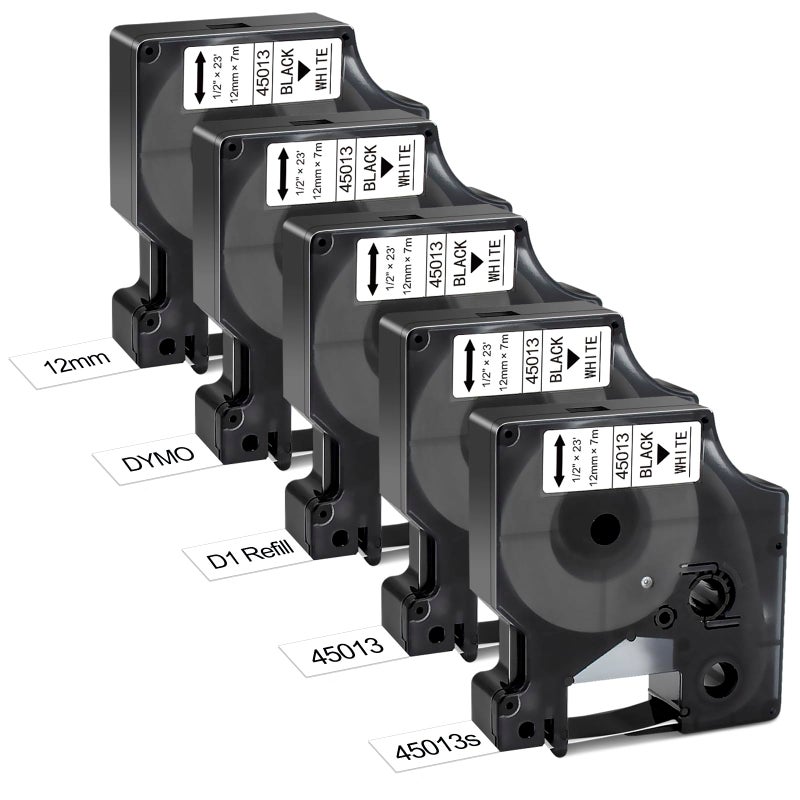 BEYONDTEK Work for Dymo D1 Label Maker Cartridges 45013 1/2" with D1 Label Maker Refills 45013s 12mm x 3m Black on White for Dymo LabelManager 160 280 210D 360D 420P PnP 220P 260P 450D,5Pk - Image 1